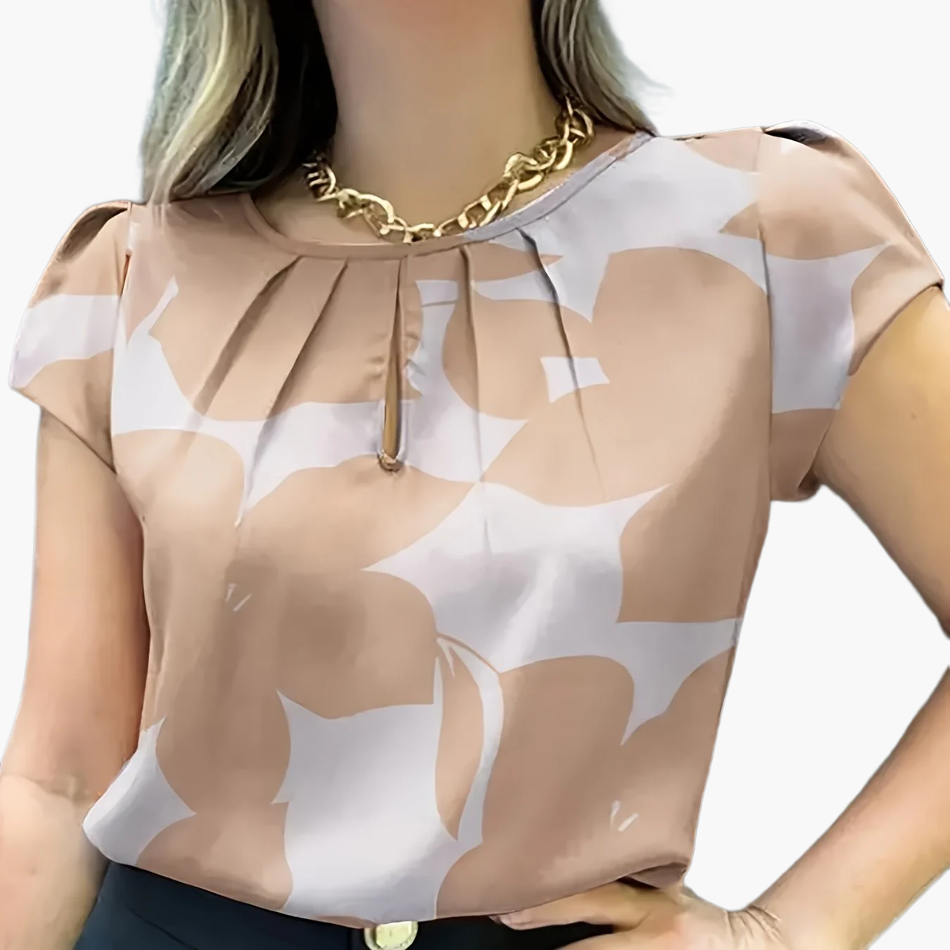 Damen Bluse mit abstraktem Muster und Falten-Detail – Elegante Sommer-Office-Mode