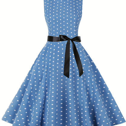 Damen Vintage Rockabilly Polka Dots Kleid mit Schleifen-Gürtel, Elegant, Ärmelos, Festlich & Alltag