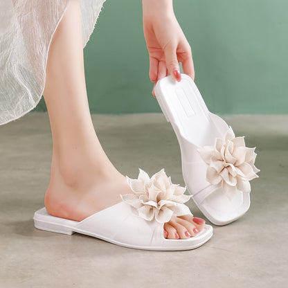 Damen Blumen-Slipper Sandalen – Verspielte Sommerschuhe mit Blütenapplikation
