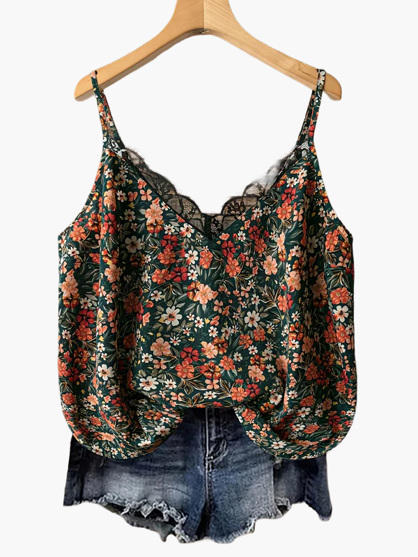 Damen Sommer-Top mit Blumenmuster und Spitzen-Detail – Lässiges Trägertop für Freizeit und Urlaub