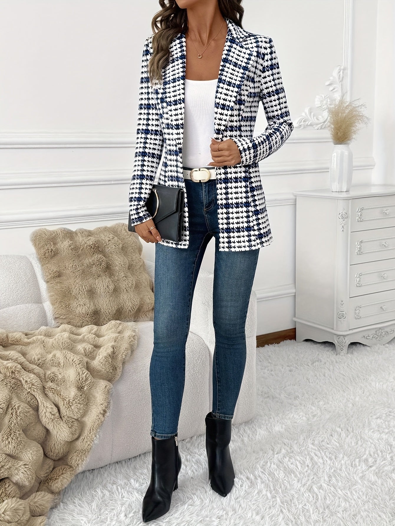 Damen Eleganter Hahnentritt Blazer für Büro und Freizeit