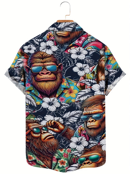 Herren Hawaiihemd mit Gorillamotiv und tropischem Blumenmuster – Lustiges Sommer Freizeithemd