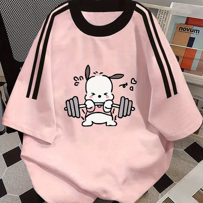 Damen Oversize Sport T-Shirt mit süßem Cartoon-Print und Streifen – Lässige Streetwear