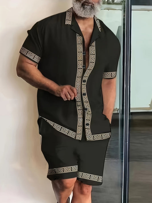 Herren Freizeit Zweiteiler Set mit geometrischem Muster – Kurzarm Hemd und Shorts, Vintage Style, Sommer Outfit