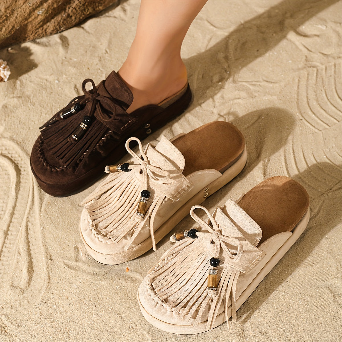 Damen Mokassin Hausschuhe mit Fransen und Perlen – Bequeme Vintage Slipper für Alltag und Freizeit