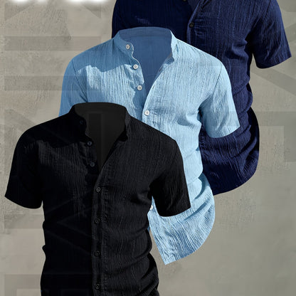Herren 3er-Pack Freizeithemd mit Stehkragen, Kurzarm, Modernes Design, Knopfleiste