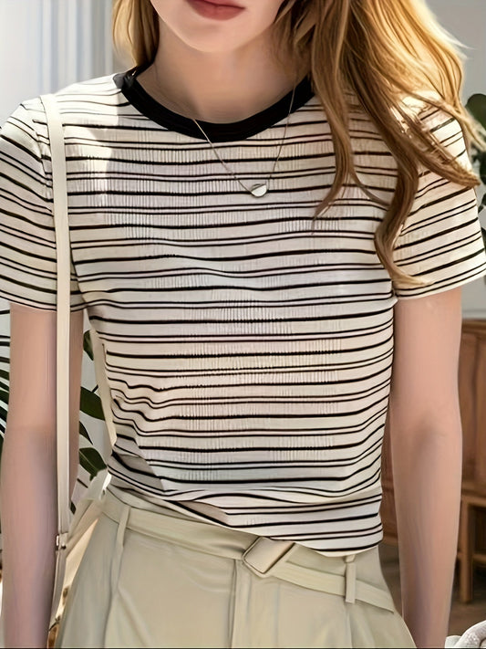 Damen T-Shirt mit Streifenmuster und Rundhalsausschnitt – Eleganter Freizeitstil für Alltag und Büro