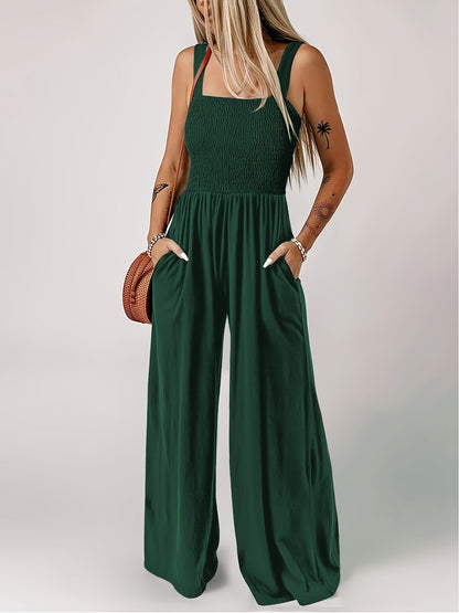Damen Jumpsuit Elegant mit weitem Bein und Smok-Top, Sommer Overall für Freizeit & Urlaub