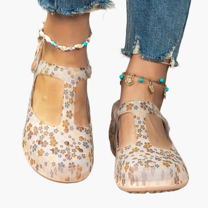 Damen Komfort-Sommerschuhe mit Blumendruck und Riemchen – Bequeme Freizeit Mary Janes