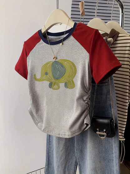 Damen T-Shirt mit Elefantendruck im Y2K-Stil – Freizeit & Trendy