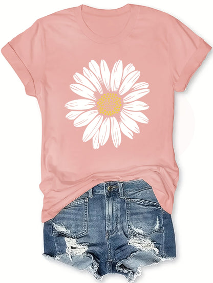 Damen T-Shirt mit großem Gänseblümchen Print – Lässiger Blumendruck, ideal für Alltag & Freizeit