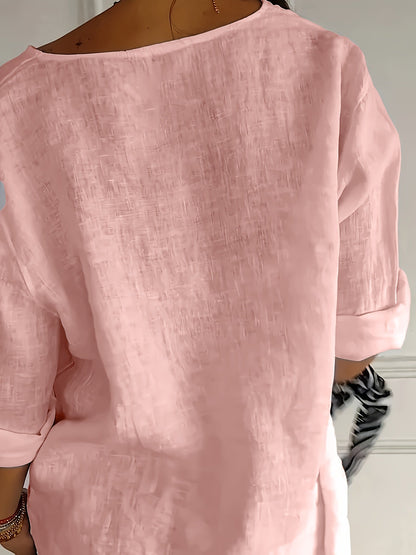 Damen Leinenbluse mit Knopfleiste und 3/4 Ärmeln – Eleganter Freizeit-Look für Alltag und Büro