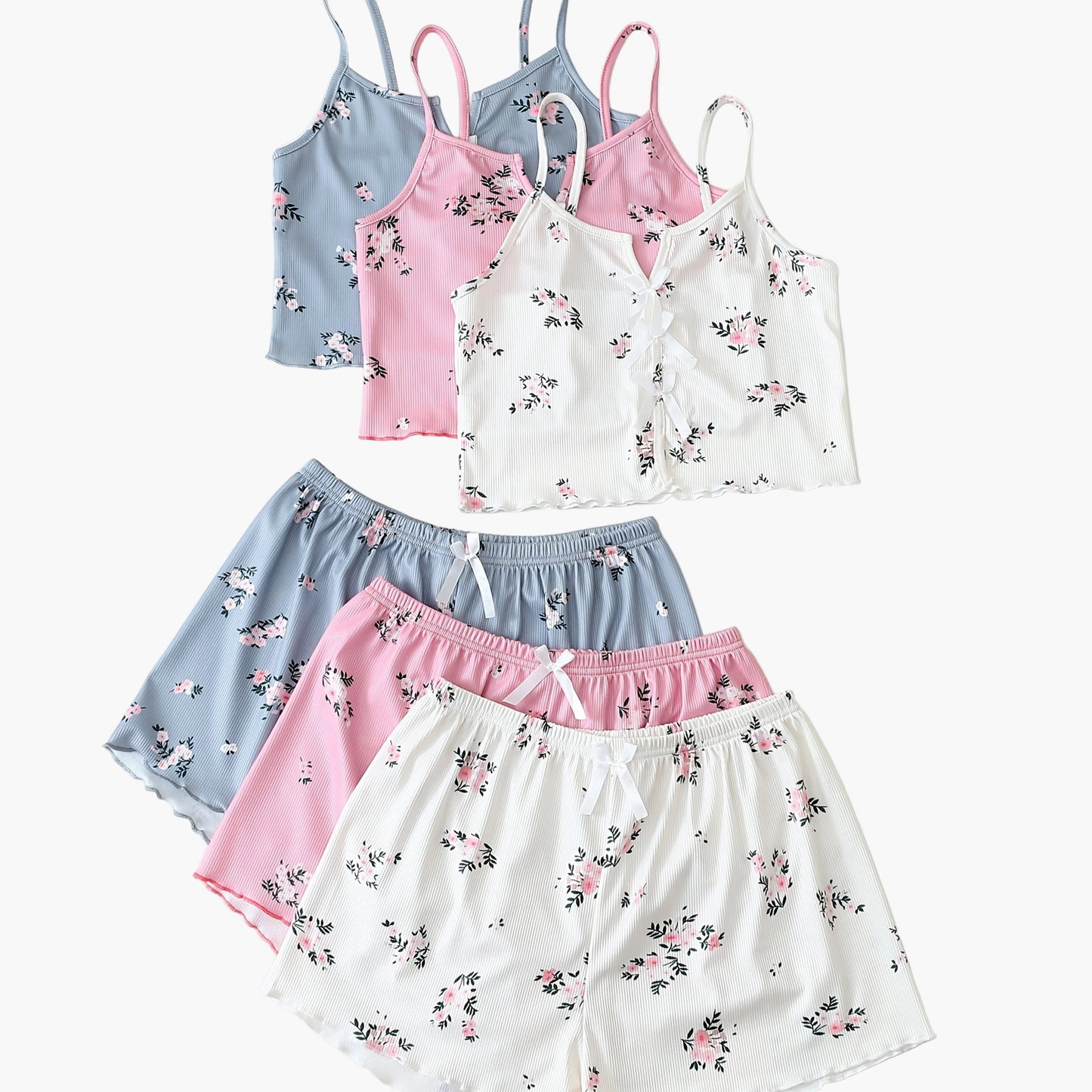 Damen Pyjama Set mit Blumenmuster – 3-teiliges Sommer Schlafanzug Set mit Träger-Top und Shorts, Ideal für Zuhause und als Nachtwäsche