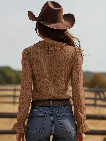 Damen Bluse mit Volants und Leopardenmuster – Eleganter Vintage-Look für Freizeit & Ausgehen