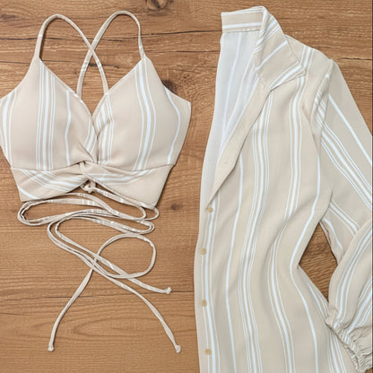 Damen Set – Modisches Streifen-Crop-Top, Hemd und Jeansrock für Freizeit und Sommer