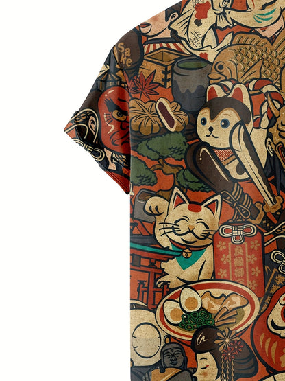 Herren Kurzarmhemd mit Japanischem Kunst- und Glückssymbol-Print – Casual Streetwear