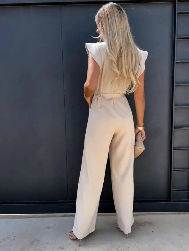 Damen Jumpsuit Elegant – Weite Passform mit Volantärmeln und Taillengürtel, ideal für Büro & Ausgehen