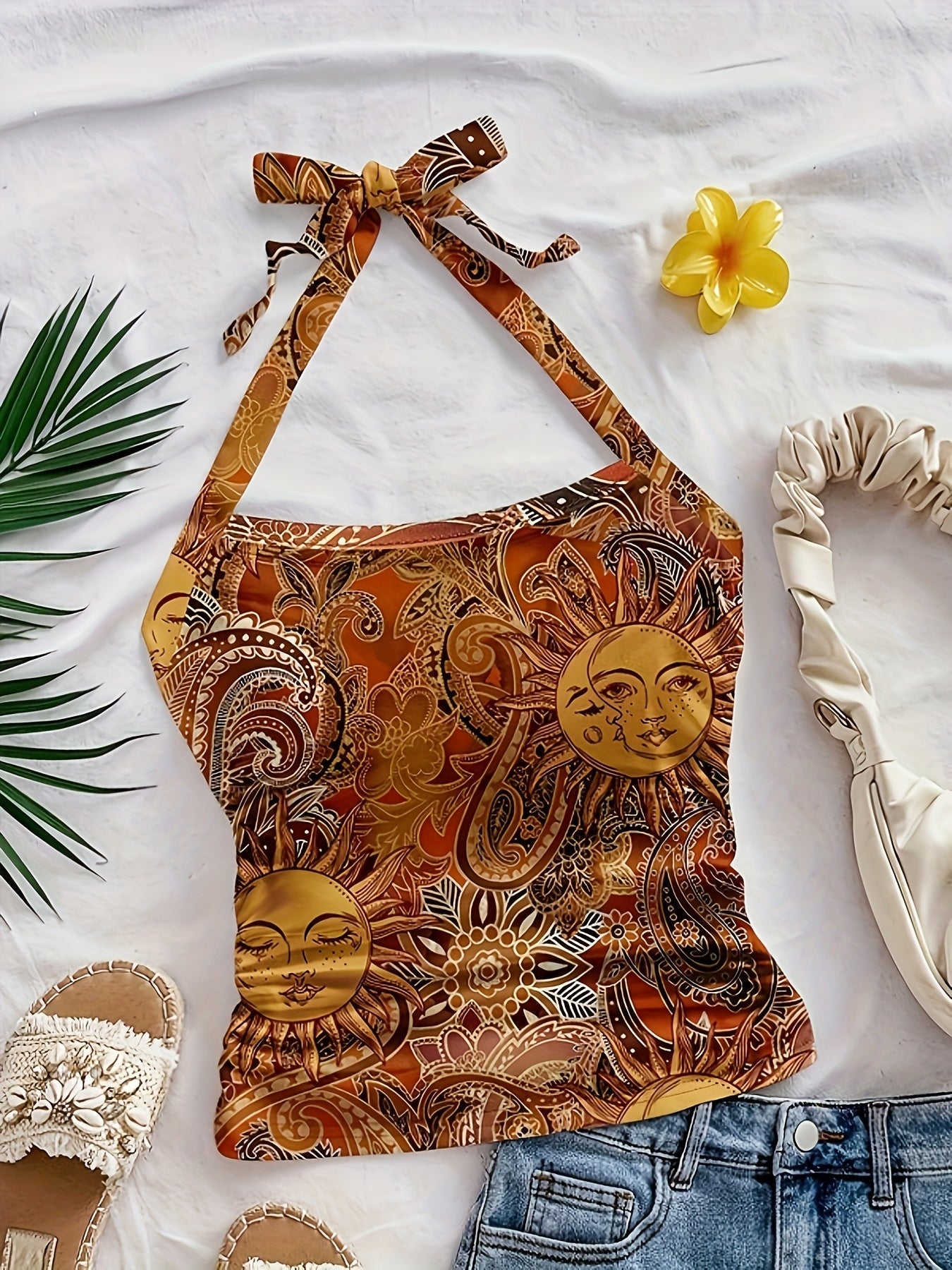 Damen Vintage Halterneck Top mit Sonne-Mond-Muster – Boho Festival Sommer Oberteil