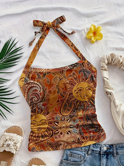 Damen Vintage Halterneck Top mit Sonne-Mond-Muster – Boho Festival Sommer Oberteil