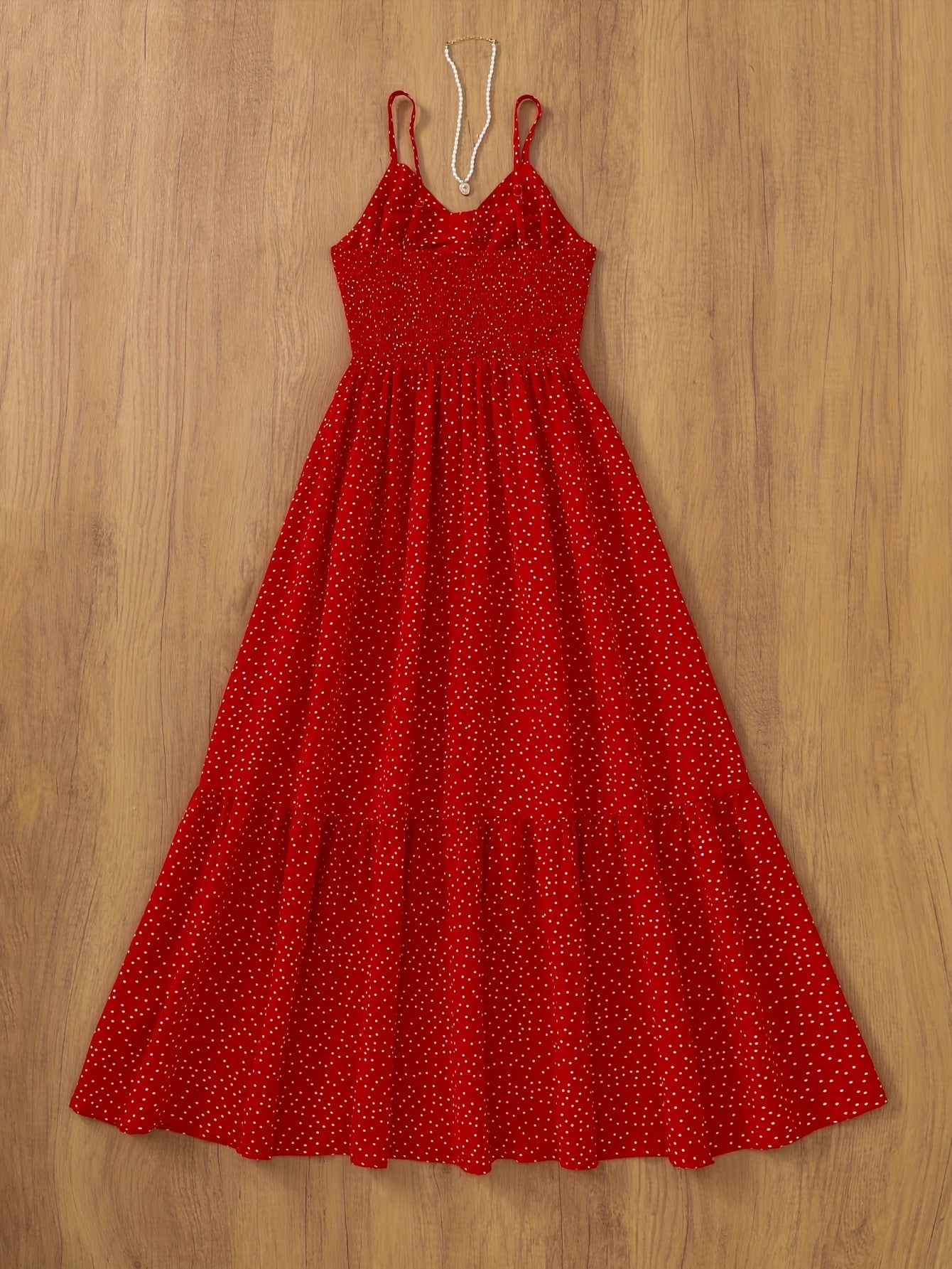 Damen Maxikleid Polka-Dot mit Rüschenrock und Spaghettiträgern – Vintage-inspiriertes Sommerkleid für besondere Anlässe