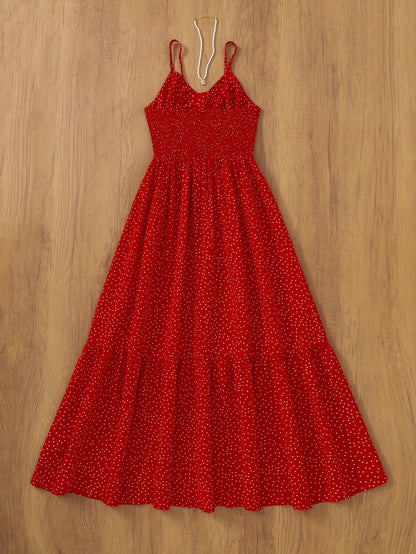 Damen Maxikleid Polka-Dot mit Rüschenrock und Spaghettiträgern – Vintage-inspiriertes Sommerkleid für besondere Anlässe