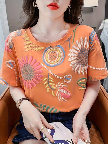Damen T-Shirt mit bunter Stickerei und floralen Mustern – Sommerliches Freizeitshirt im Boho-Stil