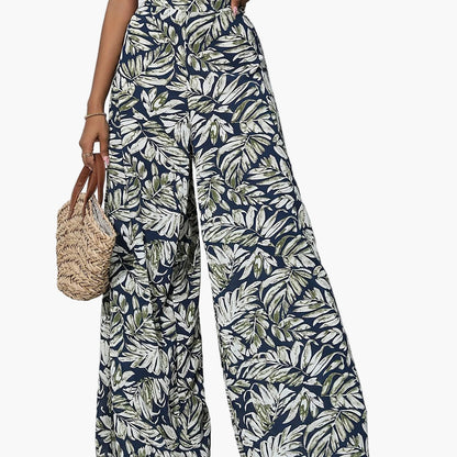 Damen Weite Palazzo-Hose mit tropischem Blattmuster – Sommerlich, Boho, Ideal für Strand & Freizeit