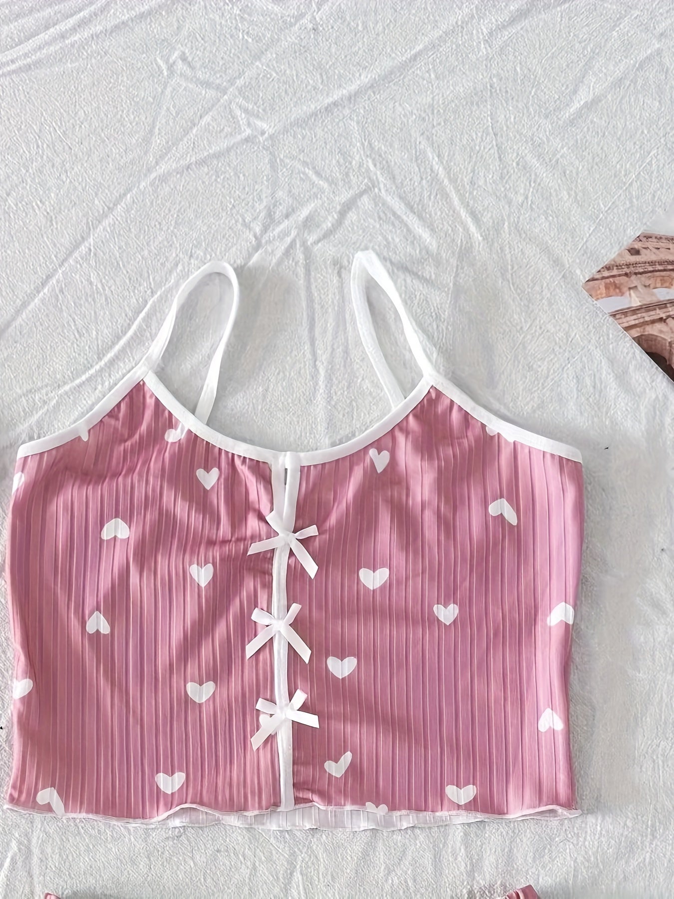 Damen Pyjama Set mit Herzchen-Muster und Schleifen – Zweiteiliger Schlafanzug, bequem & süß, ideal für Sommer