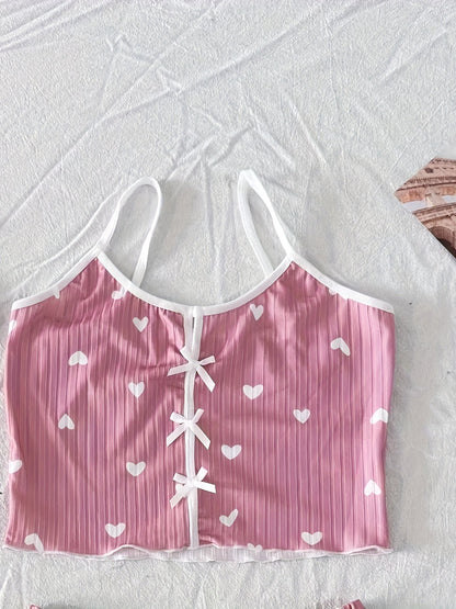Damen Pyjama Set mit Herzchen-Muster und Schleifen – Zweiteiliger Schlafanzug, bequem & süß, ideal für Sommer