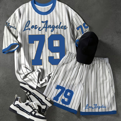 Herren Sportset Los Angeles 79 – Pinstripe Shirt und Shorts im Retro-Stil