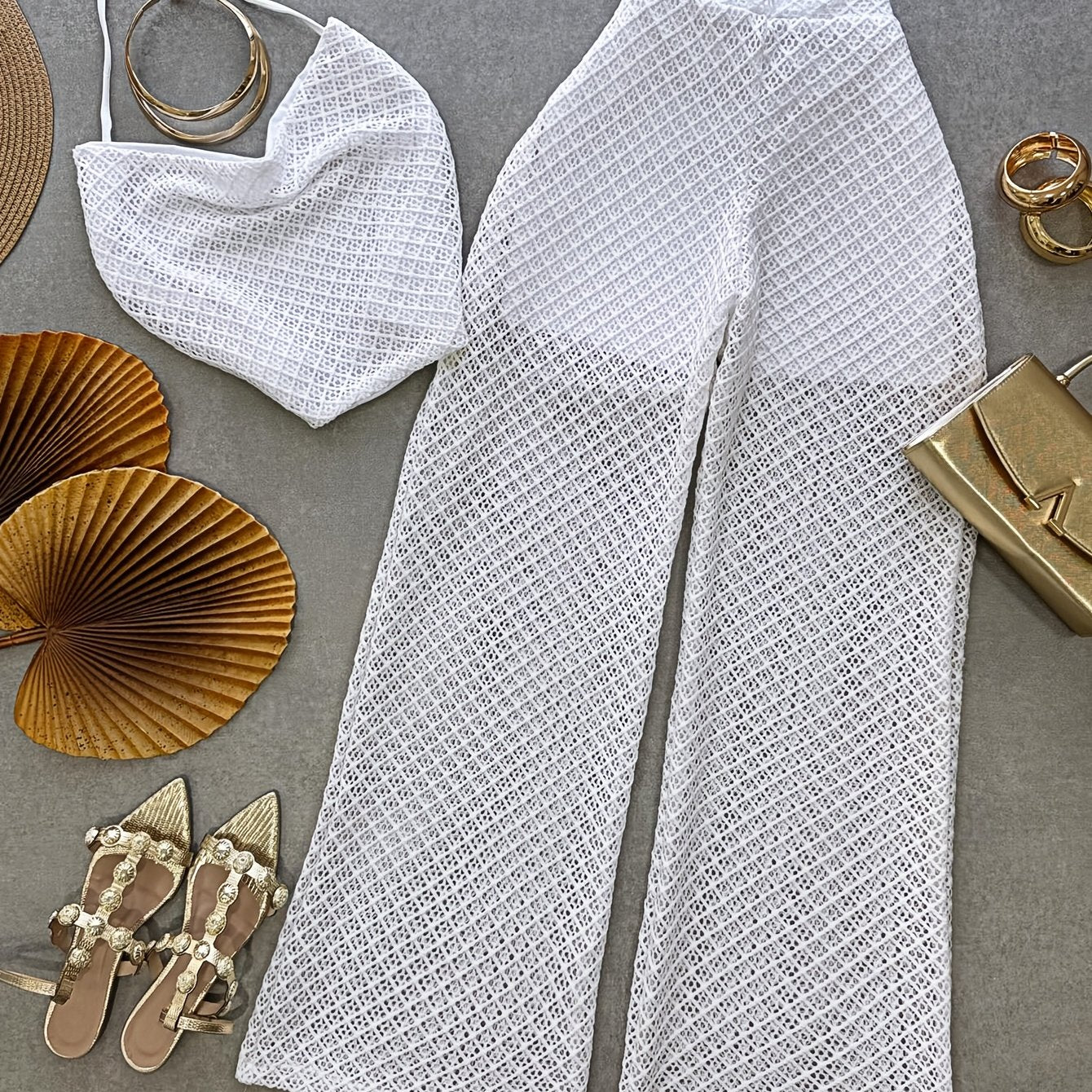 Damen Zweiteiler Set – Elegantes Netz-Top und Weitbeinige Hose für Urlaub & Strand