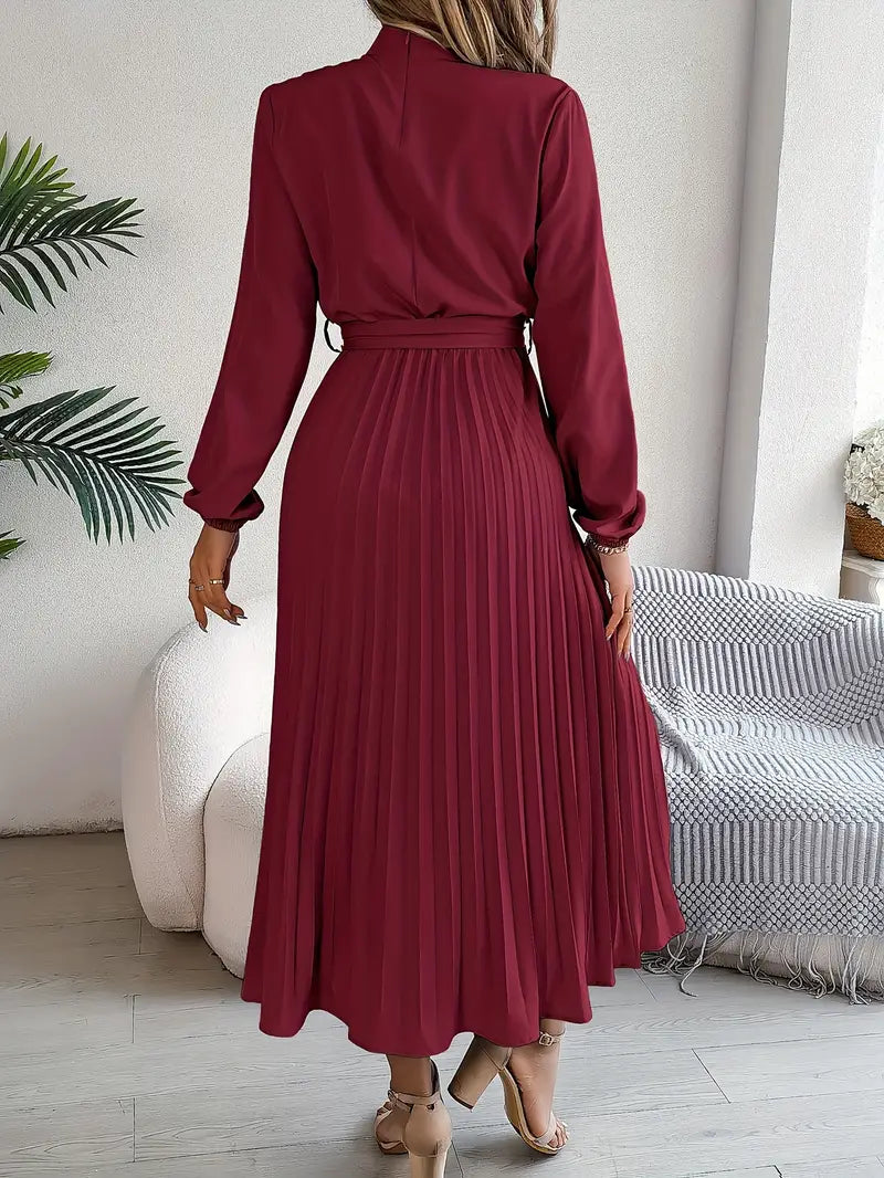 Damen Plisseekleid mit langen Ärmeln und Bindegürtel – Elegantes Midikleid für festliche Anlässe