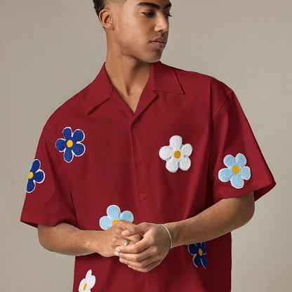 Herren Freizeit-Hemd mit Blumenstickerei und kurzem Ärmel – Modernes, verspieltes Design für Alltag und Ausgehen