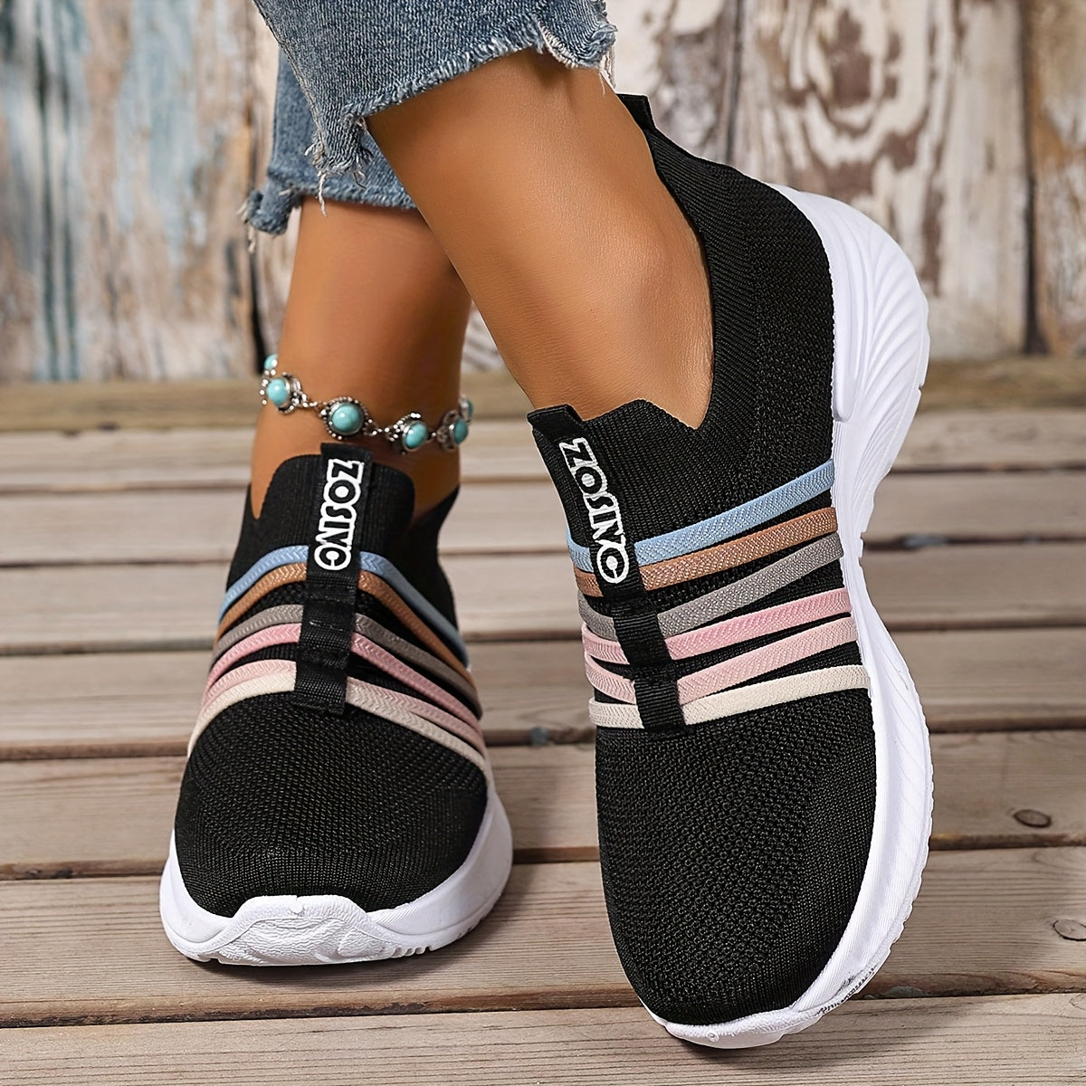 Damen Slip-On Sneakers Freizeit Bequeme Low-Top Schuhe mit Streifen-Design