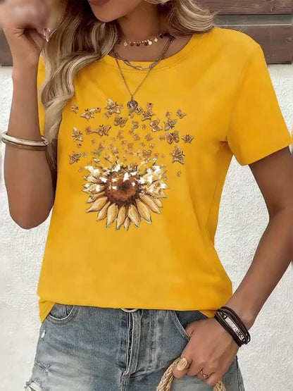 Damen T-Shirt mit Sonnenblume und Schmetterlings-Print – Sommerliches Casual Oberteil