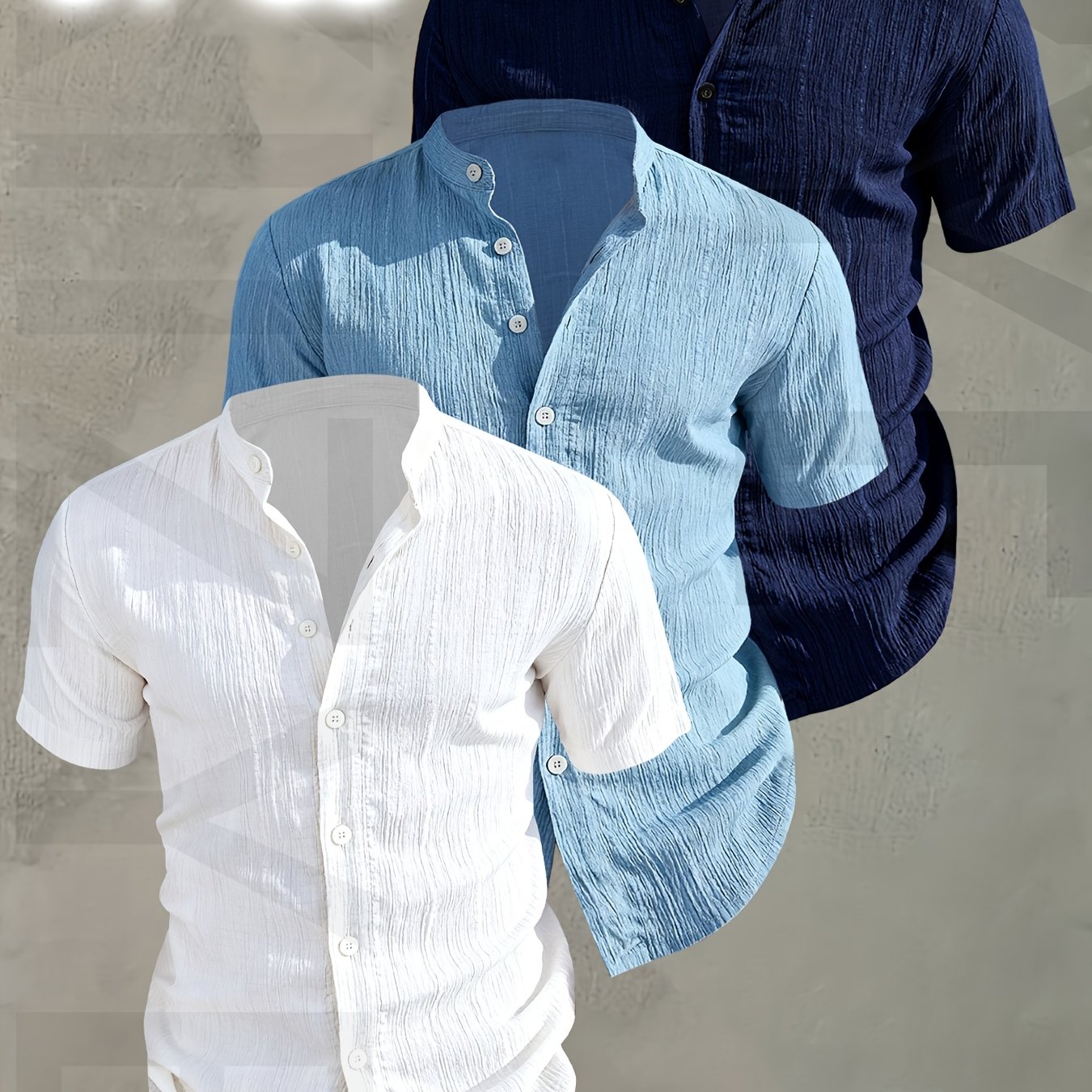 Herren 3er-Pack Freizeithemd mit Stehkragen, Kurzarm, Modernes Design, Knopfleiste
