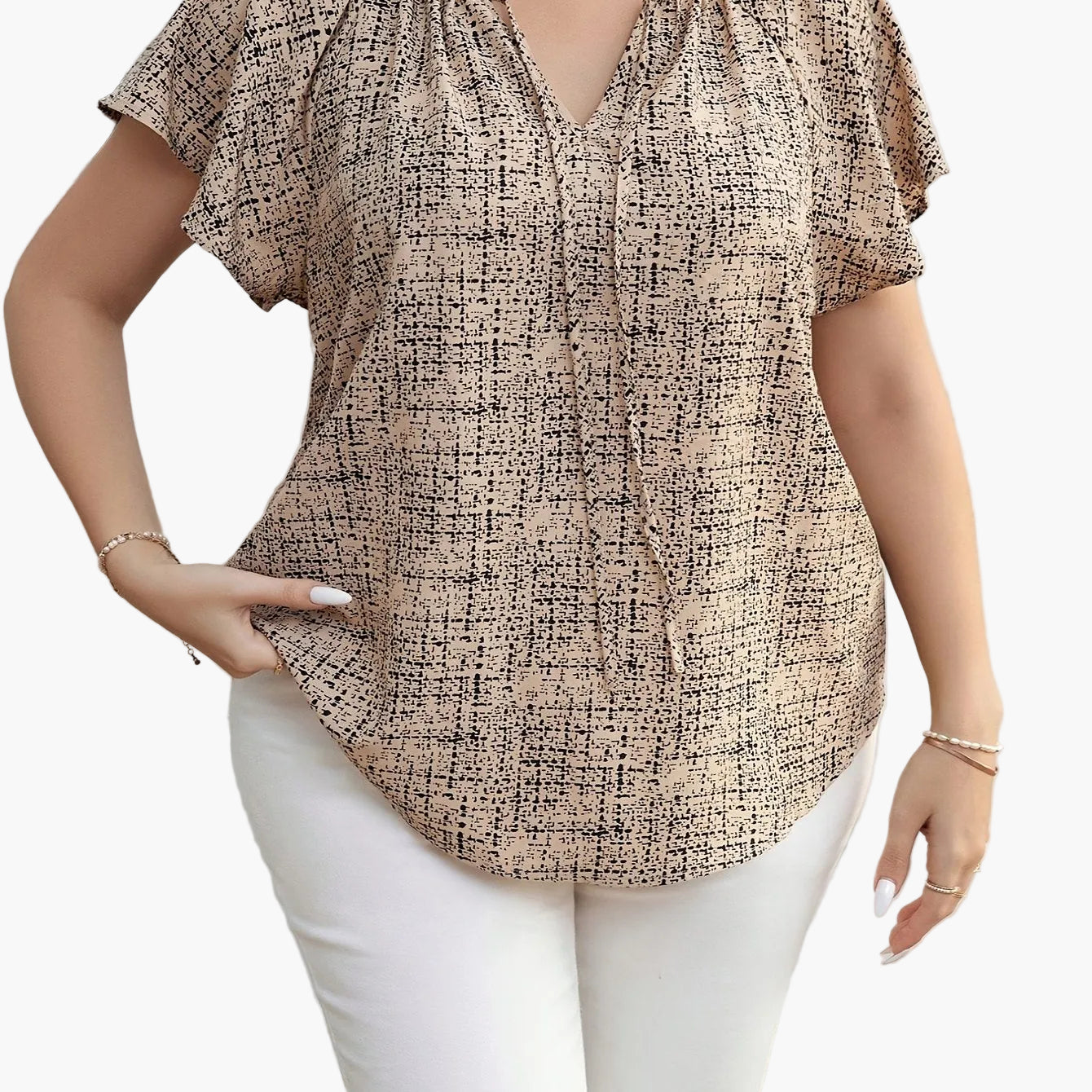 Damen Bluse im modernen Casual-Stil mit V-Ausschnitt und grafischem Muster – Perfekt für Alltag und Büro