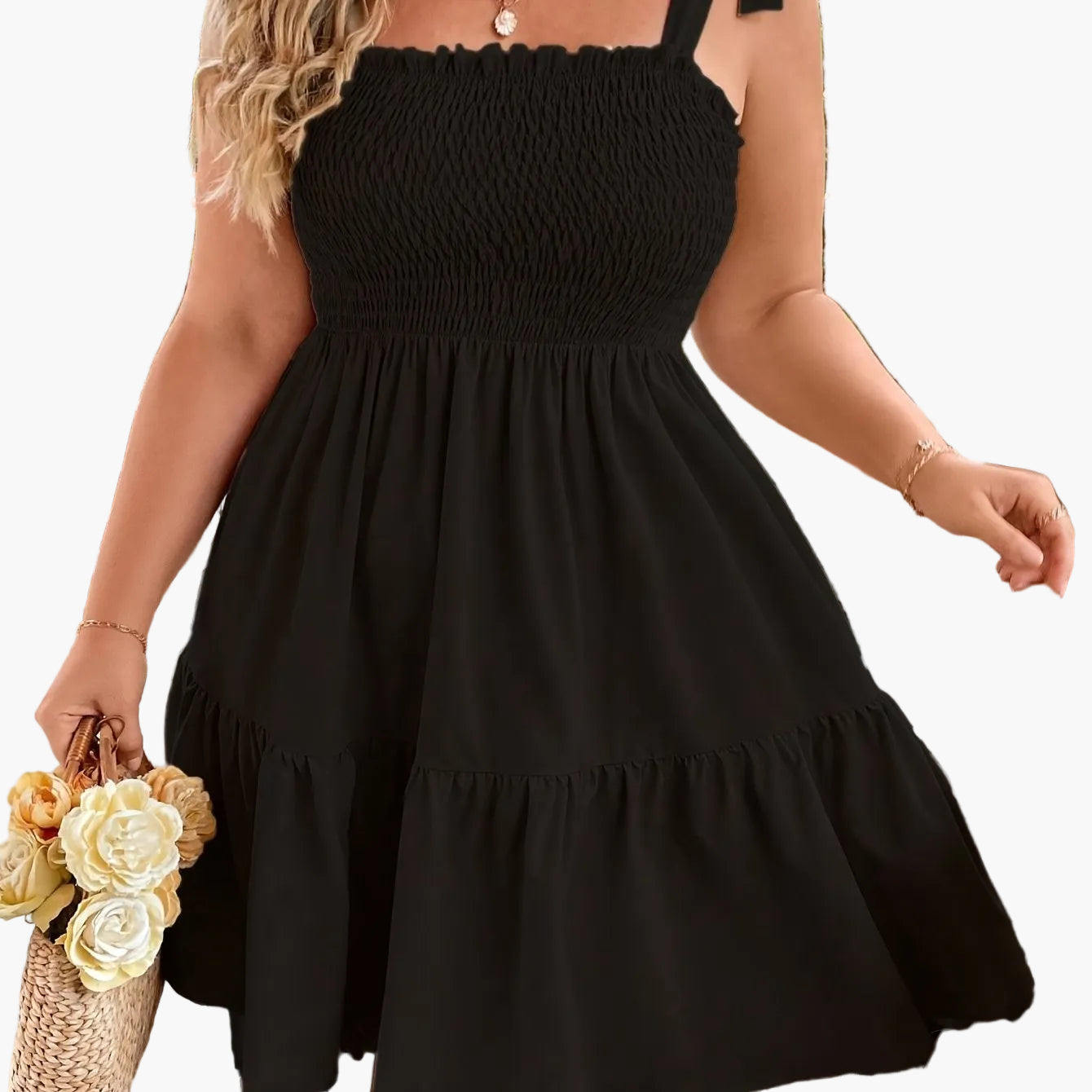 Damen Sommerkleid mit Smok-Oberteil und Schleifen-Trägern – Freizeit & Urlaub, A-Linie