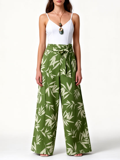 Damen Weite Palazzo-Hose mit tropischem Print und Bindegürtel – Eleganter Sommerstil