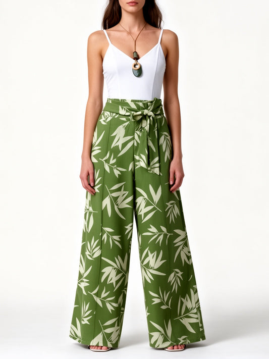 Damen Weite Palazzo-Hose mit tropischem Print und Bindegürtel – Eleganter Sommerstil