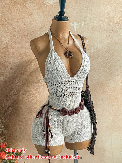 Damen Häkel-Strand-Overall mit tiefem Ausschnitt und Halterneck – Boho Stil für Sommer & Urlaub