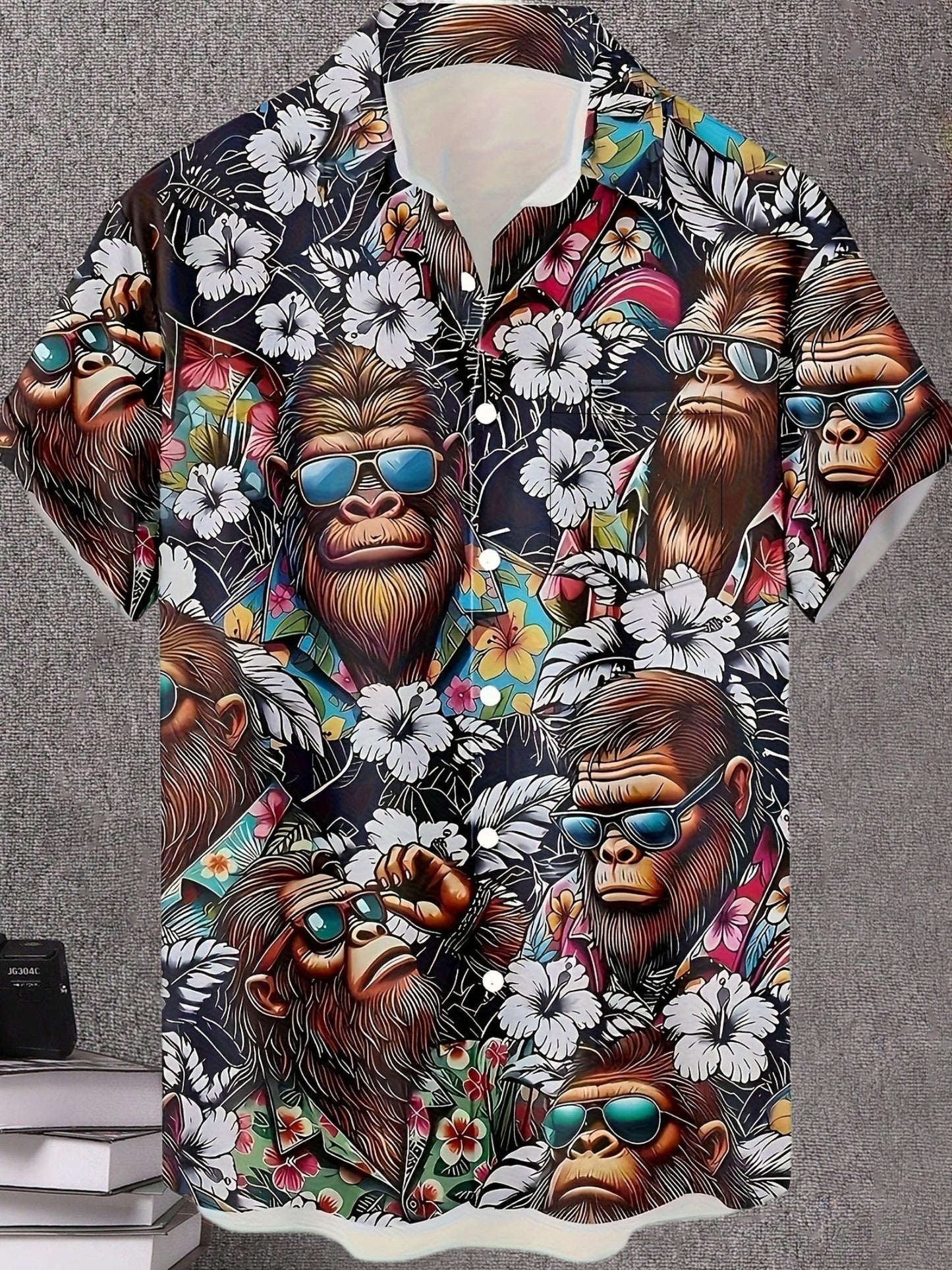 Herren Hawaiihemd mit Gorillamotiv und tropischem Blumenmuster – Lustiges Sommer Freizeithemd