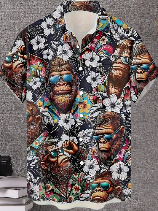 Herren Hawaiihemd mit Gorillamotiv und tropischem Blumenmuster – Lustiges Sommer Freizeithemd