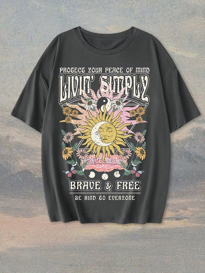 Damen T-Shirt im Boho-Stil mit Sonnendruck und inspirierendem Spruch – Ideal für Freizeit, Festivals & Alltag