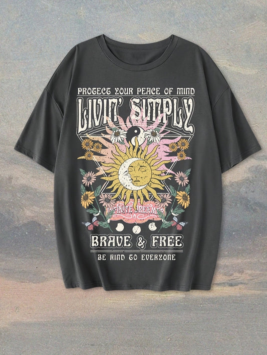 Damen T-Shirt im Boho-Stil mit Sonnendruck und inspirierendem Spruch – Ideal für Freizeit, Festivals & Alltag