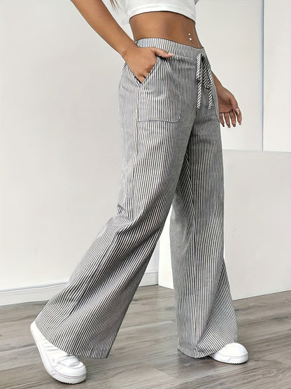 Damen Weite Casual Streifenhose mit Kordelzug – Bequeme Freizeithose für Alltag und Wochenende
