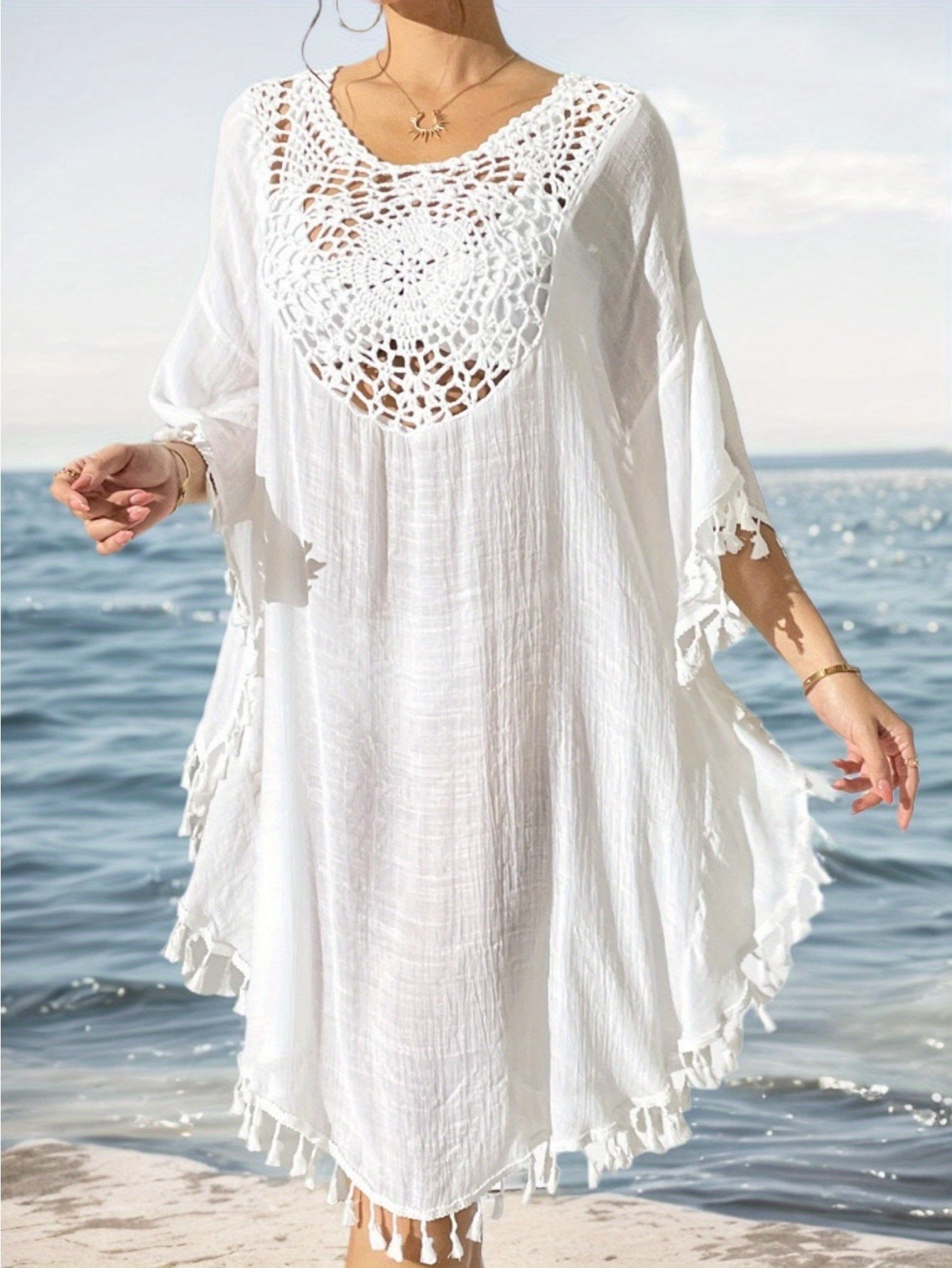 Damen Strand Kaftan Poncho mit Häkel-Details und Quasten – Perfekte Strandmode Cover-Up