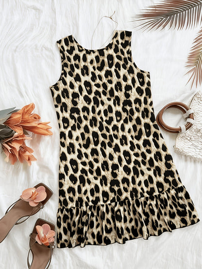 Damen Sommerkleid im Leopardenmuster – Ärmelloses Freizeitkleid mit Volant für Urlaub & Alltag