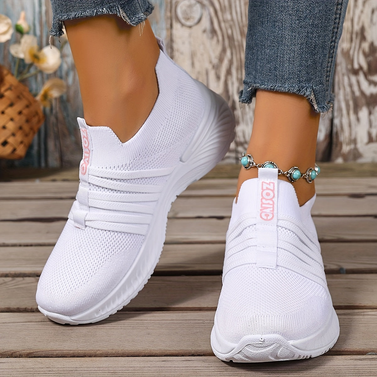 Damen Slip-On Sneakers Freizeit Bequeme Low-Top Schuhe mit Streifen-Design