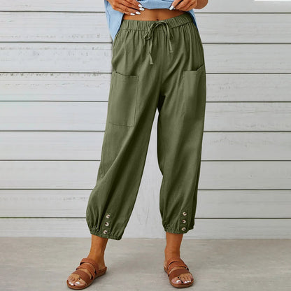 Michelle – Damen Baumwollmischung – Veganes Leinenhose mit Kordelzug und Taschen